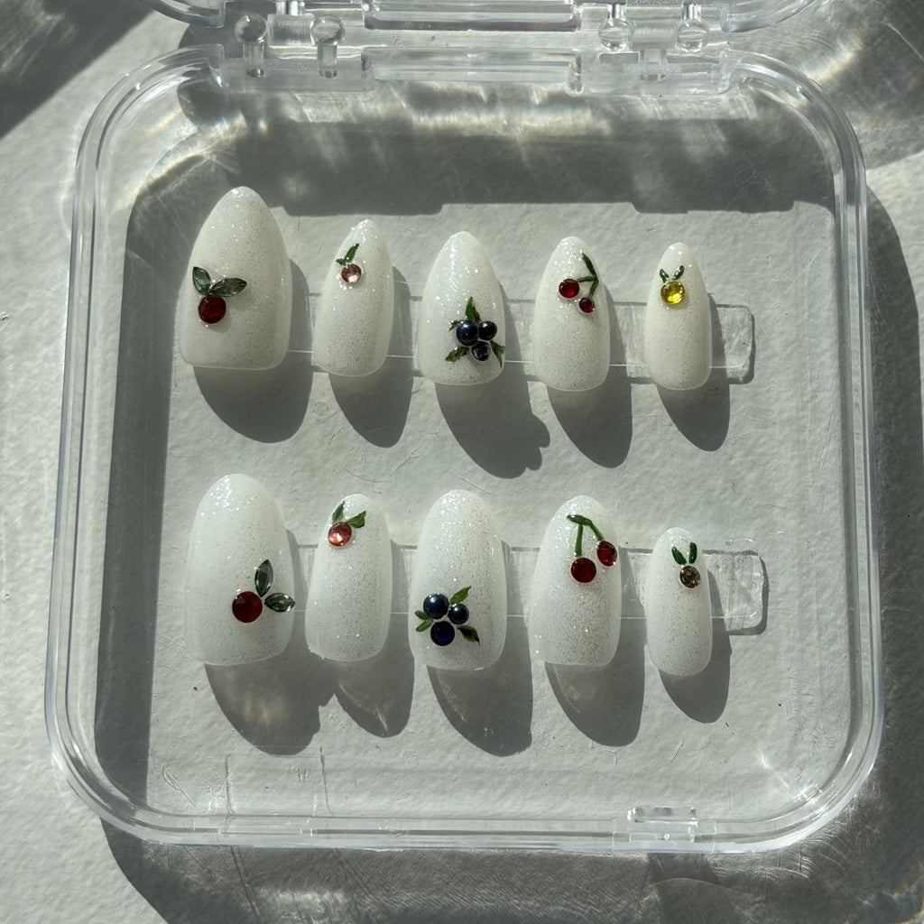 Swarovski Crystal Nails, Fruit Press-On Nails, Cherry and Blueberry Nails, Minimalist Fruit Nail Art, White Glitter Press-Ons.