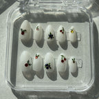 Swarovski Crystal Nails, Fruit Press-On Nails, Cherry and Blueberry Nails, Minimalist Fruit Nail Art, White Glitter Press-Ons.
