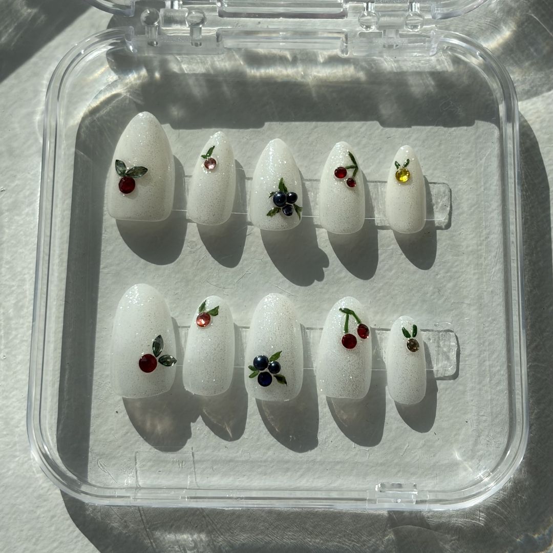 Swarovski Crystal Nails, Fruit Press-On Nails, Cherry and Blueberry Nails, Minimalist Fruit Nail Art, White Glitter Press-Ons.