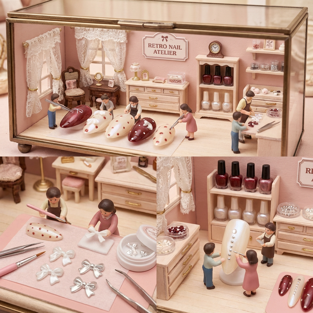 Creative micro diorama featuring miniature figures Miniature nail salon set with dolls and nail polish bottles, resembling a retro nail atelier.