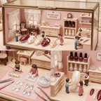 Creative micro diorama featuring miniature figures Miniature nail salon set with dolls and nail polish bottles, resembling a retro nail atelier.