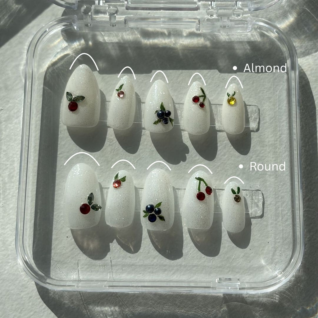 Swarovski Crystal Nails, Fruit Press-On Nails, Cherry and Blueberry Nails, Minimalist Fruit Nail Art, White Glitter Press-Ons. Almond and round shape.