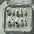 Swarovski Crystal Nails, Fruit Press-On Nails, Cherry and Blueberry Nails, Minimalist Fruit Nail Art, White Glitter Press-Ons. Almond and round shape.