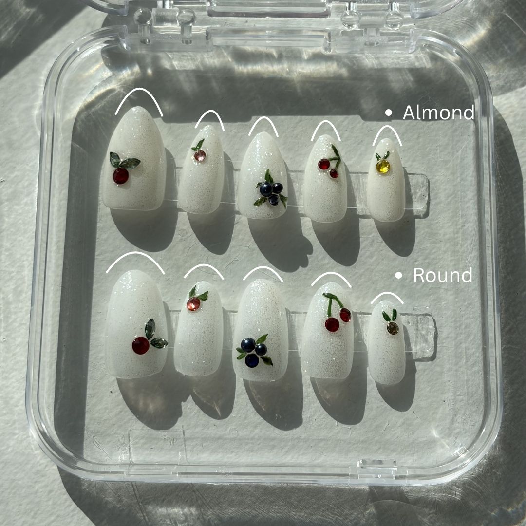Swarovski Crystal Nails, Fruit Press-On Nails, Cherry and Blueberry Nails, Minimalist Fruit Nail Art, White Glitter Press-Ons. Almond and round shape.