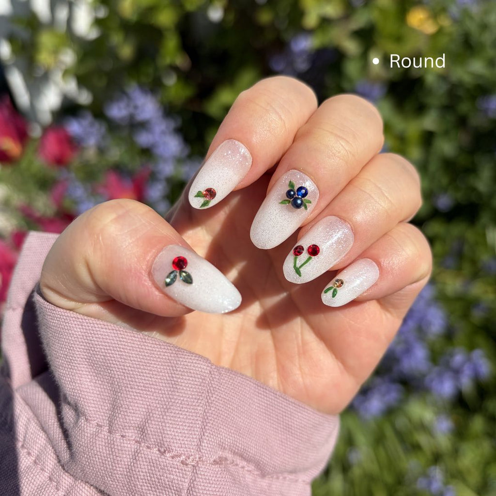 Reusable Fruit Nails, Custom Swarovski Press-Ons, Handmade Summer Gel Nails, Premium Crystal Nail Art.