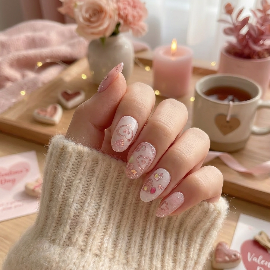 Sugarplum Sweetheart nail set displayed on a model with a soft pink glow. cut and girly