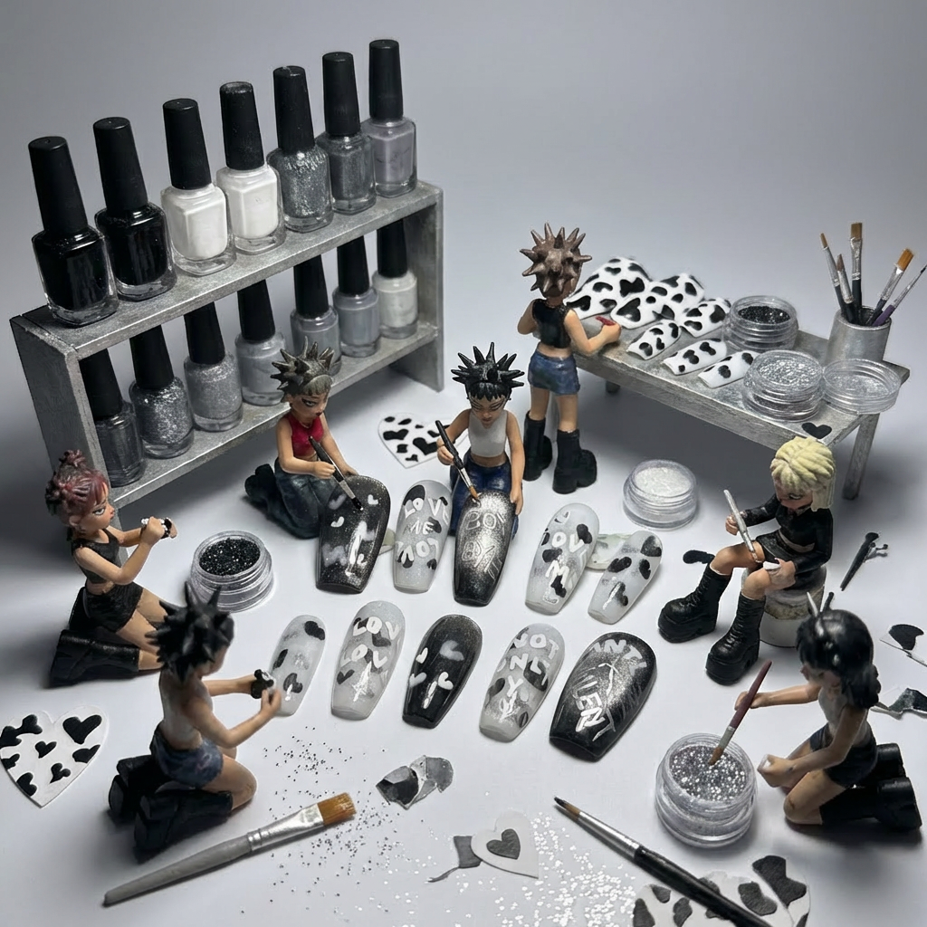 Creative micro diorama featuring miniature figures 'hand-painting' the Anti-Valentine press-on nail collection. Showcases the detailed process of applying silver glitter, magnetic cat-eye gel, and gothic typography. Professional handmade nail artist studio concept with black, silver, and white glitter jars and nail polish bottles.