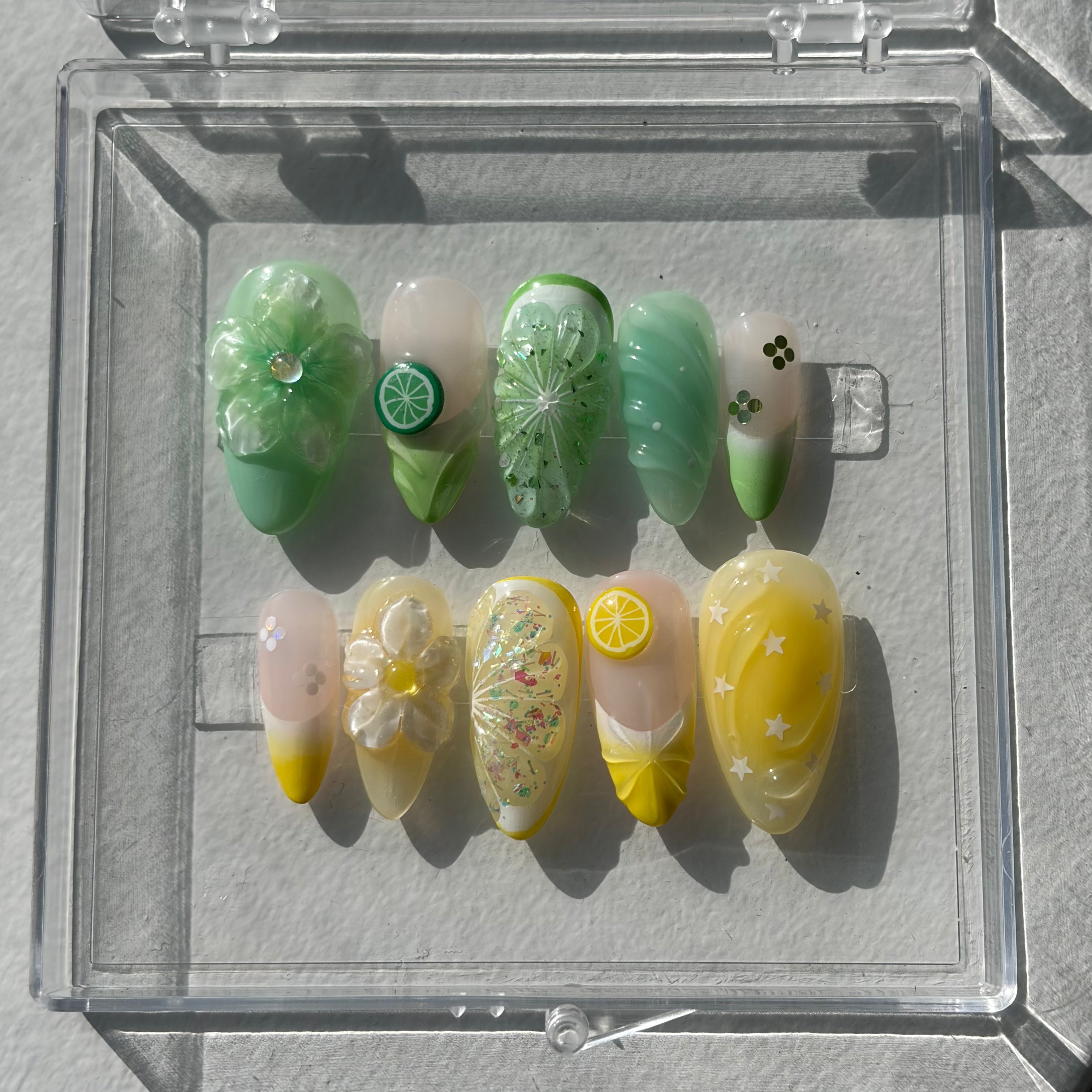 Citrus Nail Art, Lemon and Lime Nails, Mismatched Summer Nails, Fruit Manicure, 3D Fruit Nail Art.