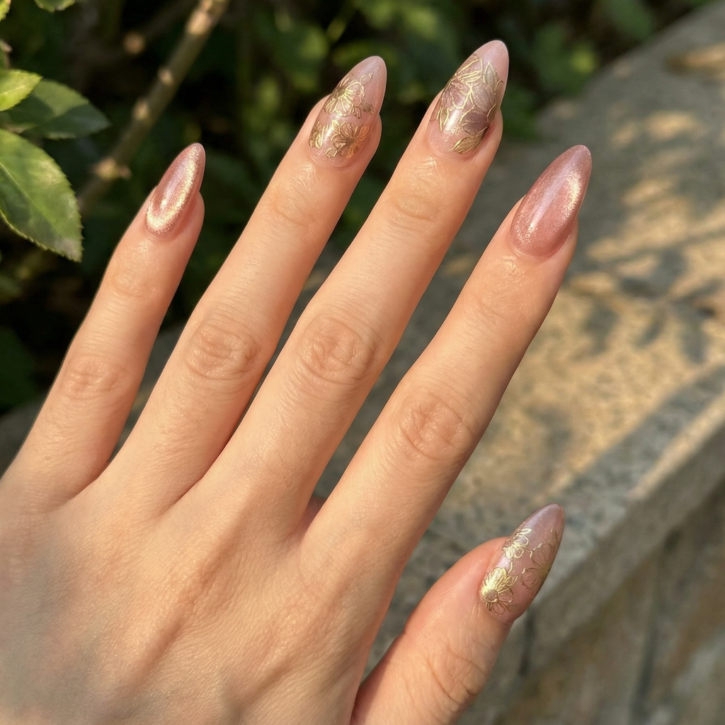 Ethereal Bloom nails held against a backdrop of fresh spring blossoms, highlighting the "Bloom & Glow" theme.