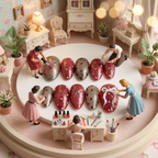 Creative micro diorama featuring miniature figures Handmade press-on nails in alternating ruby red and champagne glitter with white bows and polka dot accents.