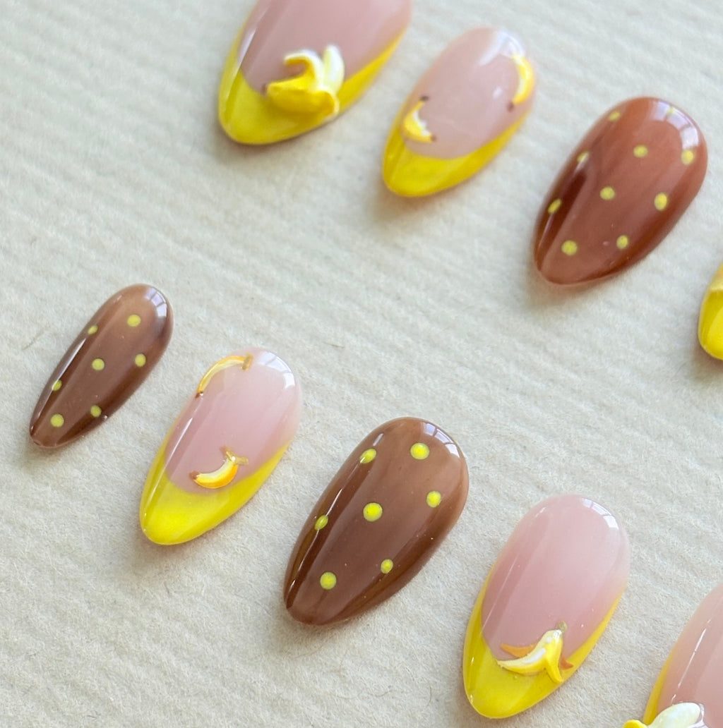 Espresso with Banana Glaze | Rhode-Inspired Yellow & Brown Nails with 3D Banana Charm