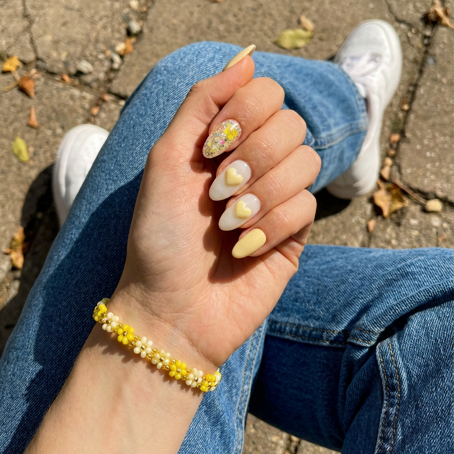 Hand model wearing Bloom in Butter nails styled with light-wash denim, showcasing a fresh spring manicure.
