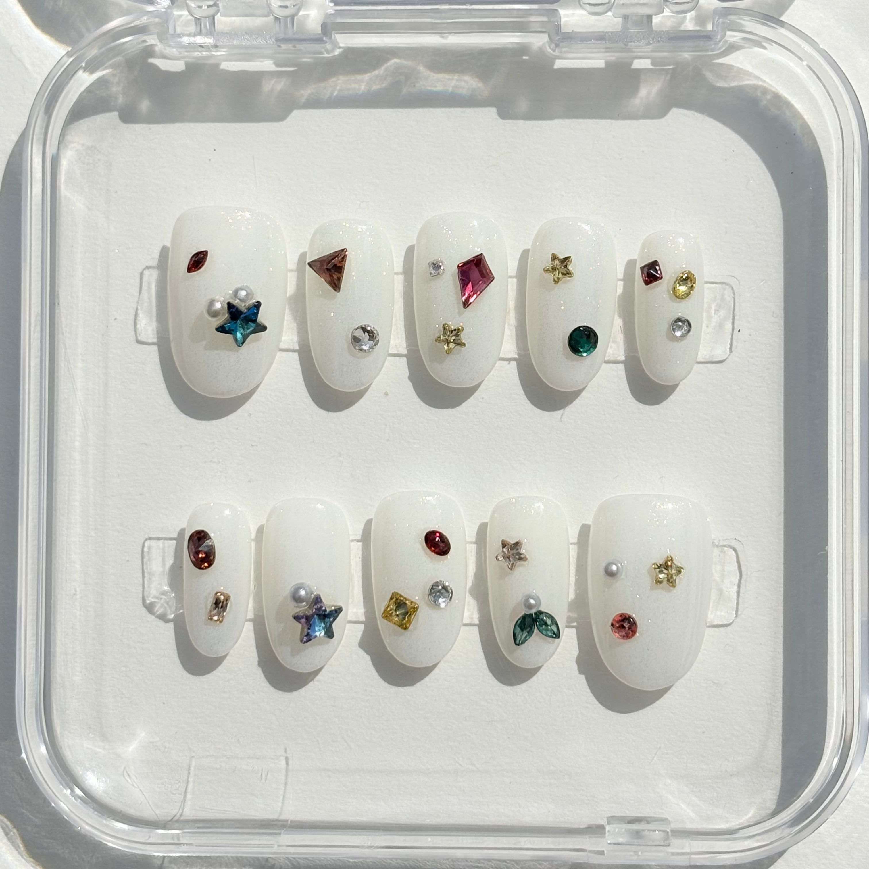 Swarovski Press-On Nails, Y2K Bling Set, Star Gemstone Nails, Rhinestone Press-On Nails, Crystal Nail Designs, Mismatched Pop Nails.
