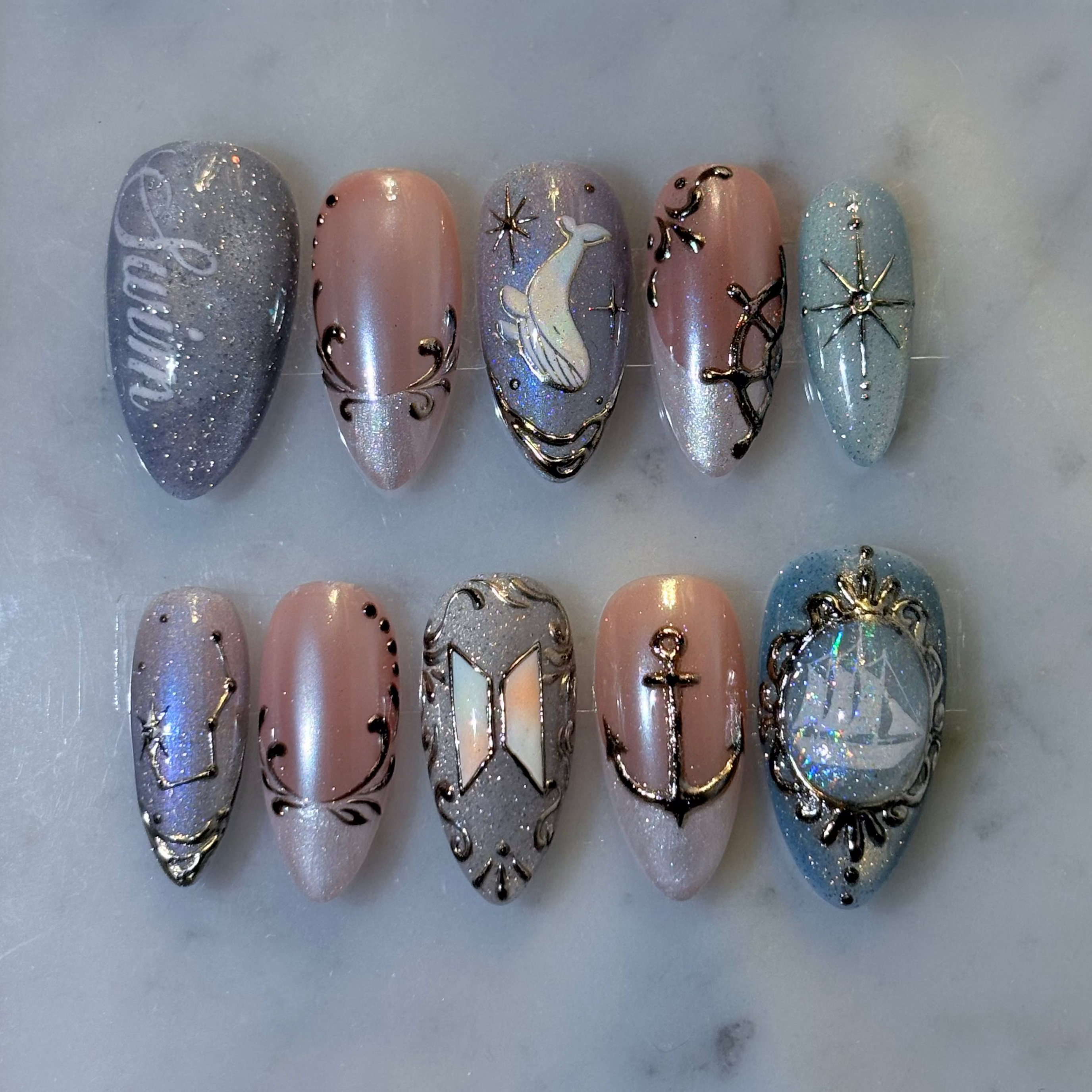 BTS Press-On Nails, K-Pop Nail Art, 3D Whale Nails, Nautical Star Nails, Silver Chrome Press-Ons.