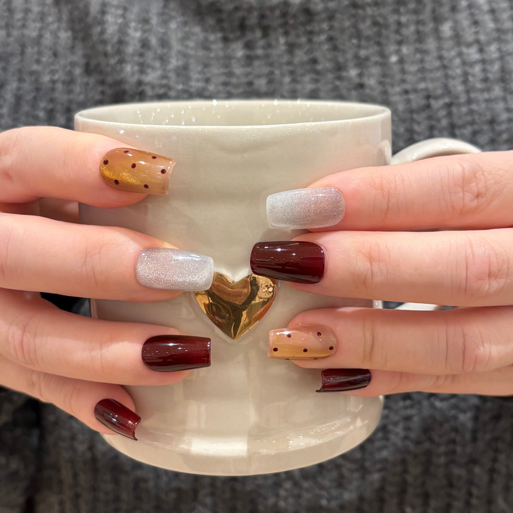 Set of burgundy wine red and silver glittery with brown golden cat-eye press-on nails. Classic Polka Dots Romantic 