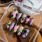 Handmade purple galaxy gradient press-on nails titled 'ARMY on DUTY' with 3D gummy bear charms and candy heart details.