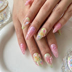 Garden Whimsy nails styled with a linen outfit, capturing a fresh, outdoorsy spring aesthetic. coachella 