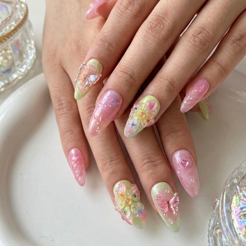 Garden Whimsy nails styled with a linen outfit, capturing a fresh, outdoorsy spring aesthetic. coachella 