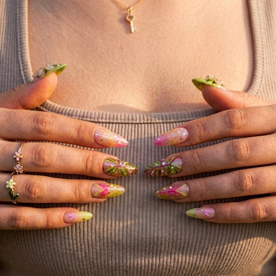 otanical Oasis nails styled with indoor plants, highlighting the vibrant and fresh "greenery" aesthetic.