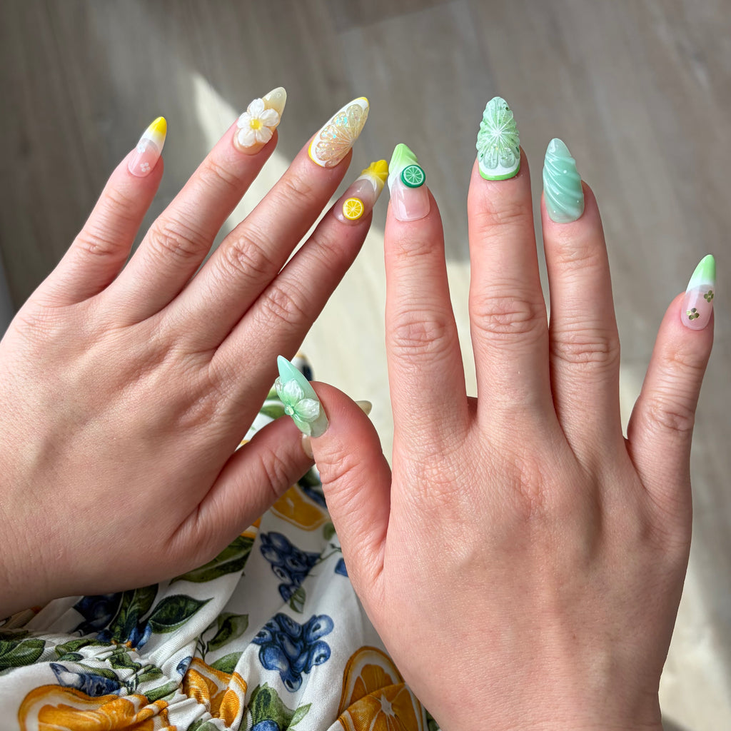 Refreshing Summer Style, Cottage core Fruit Aesthetic, Vibrant Yellow and Green Nails, Picnic Manicure.