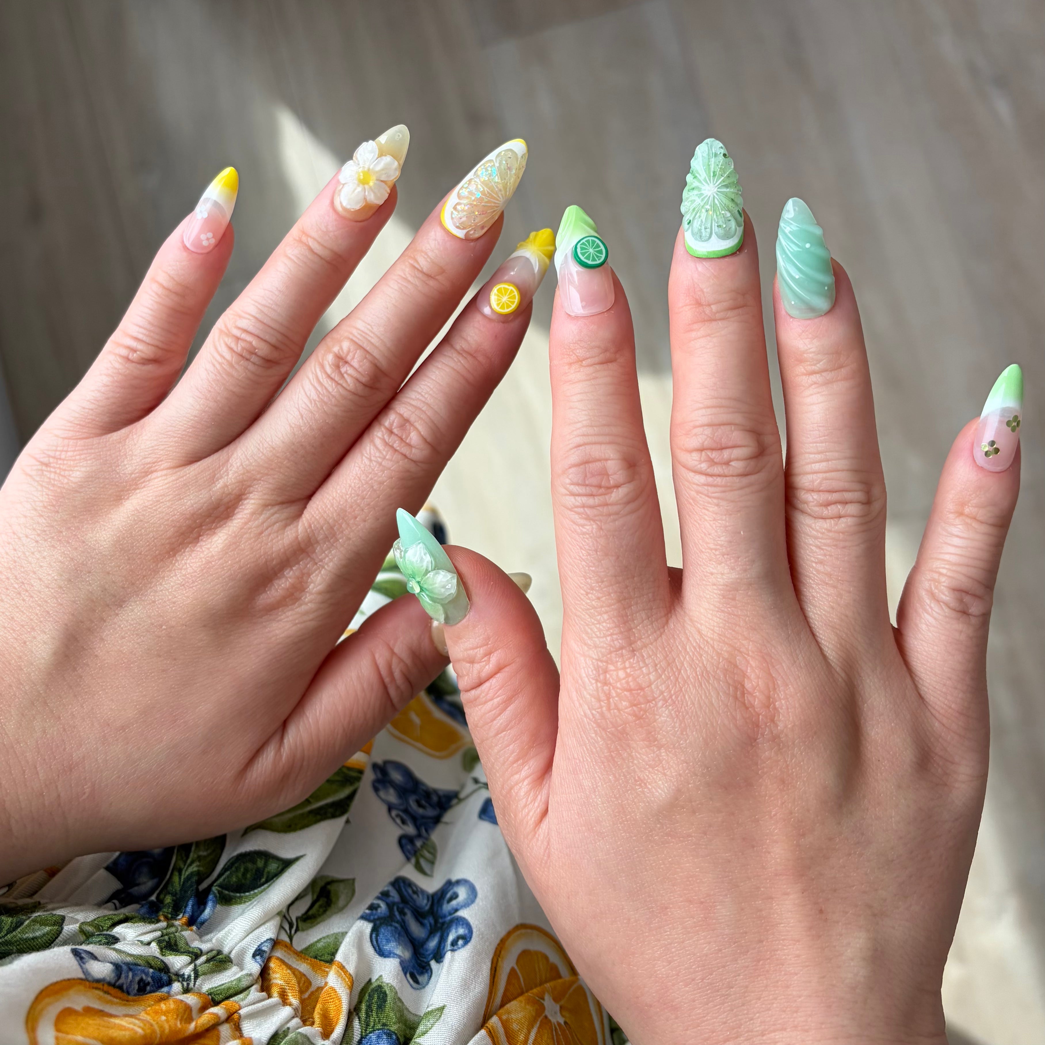 Refreshing Summer Style, Cottage core Fruit Aesthetic, Vibrant Yellow and Green Nails, Picnic Manicure.