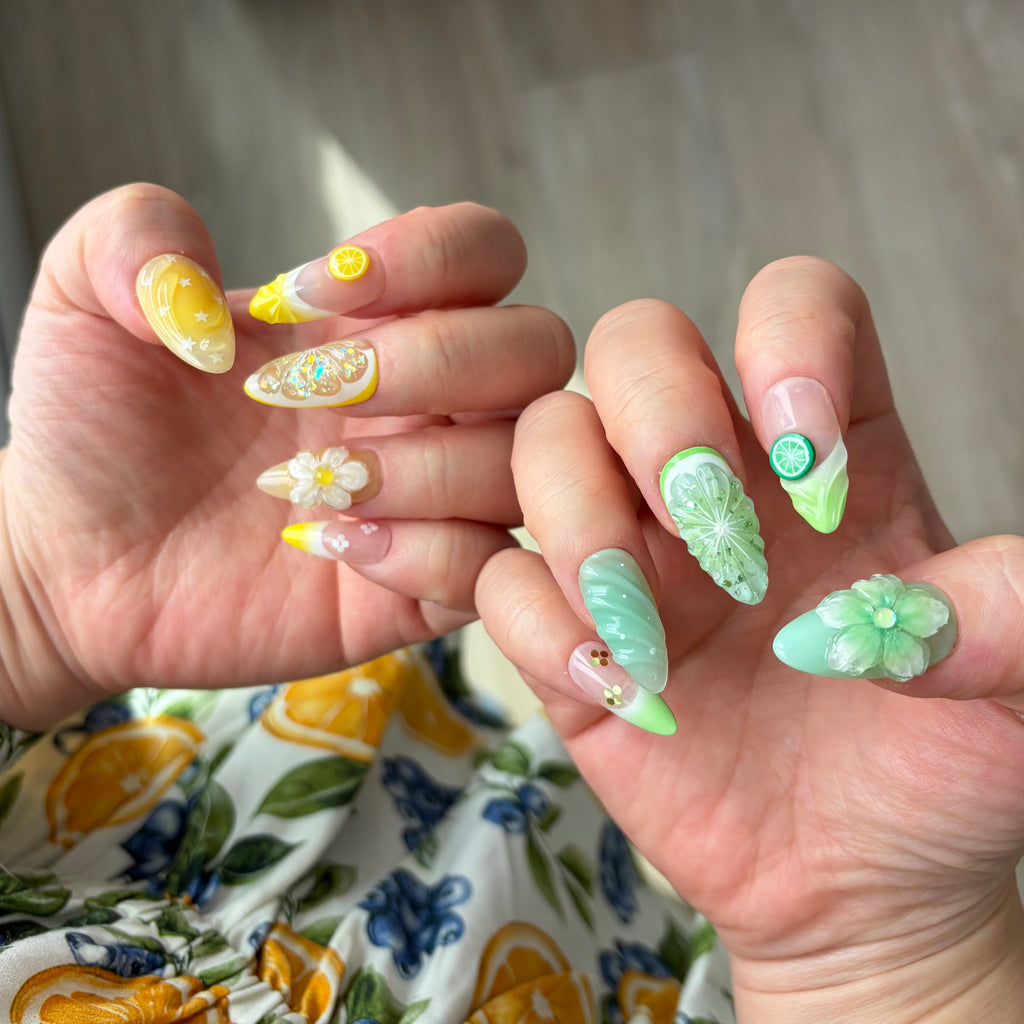 eusable Fruit Press-Ons, Handmade Citrus Gel Nails, Fun Summer Press-On Nails, Asymmetrical Fruit Nail Design.