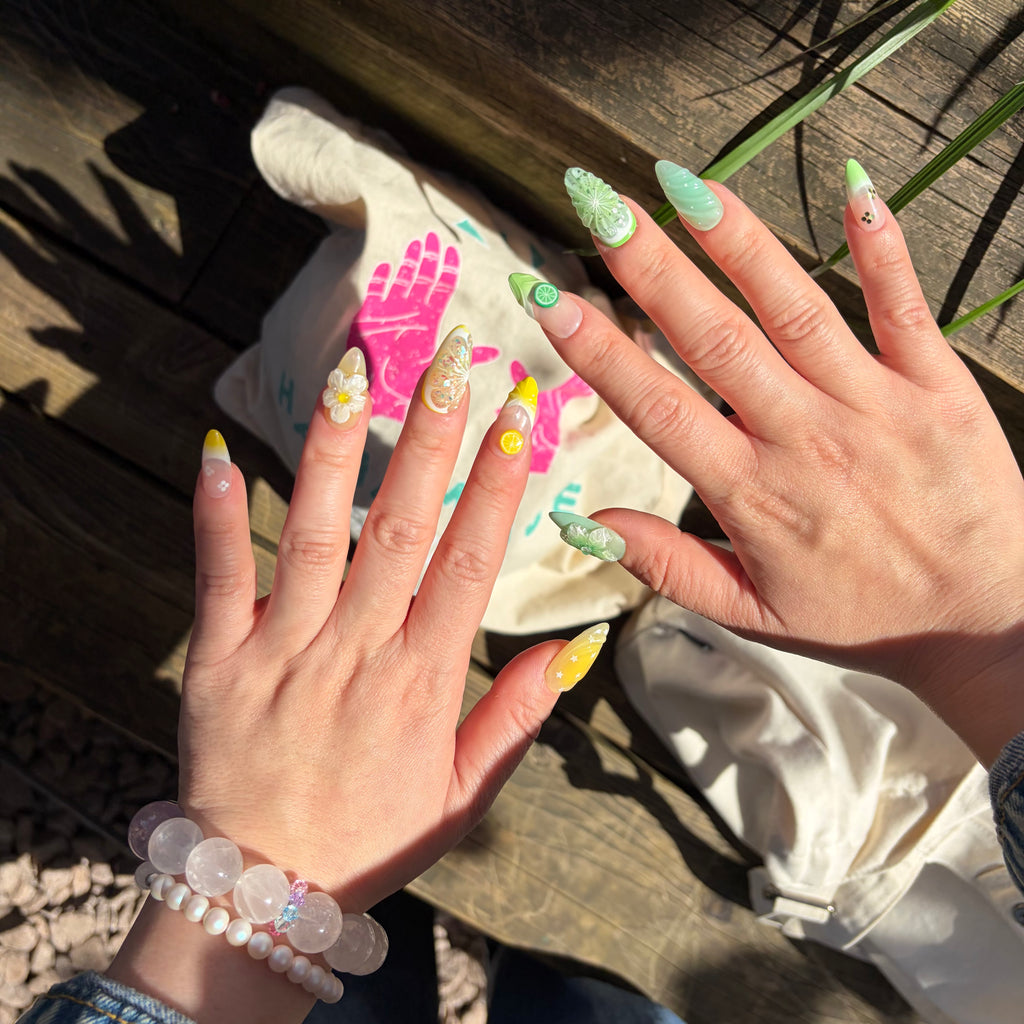 eusable Fruit Press-Ons, Handmade Citrus Gel Nails, Fun Summer Press-On Nails, Asymmetrical Fruit Nail Design.