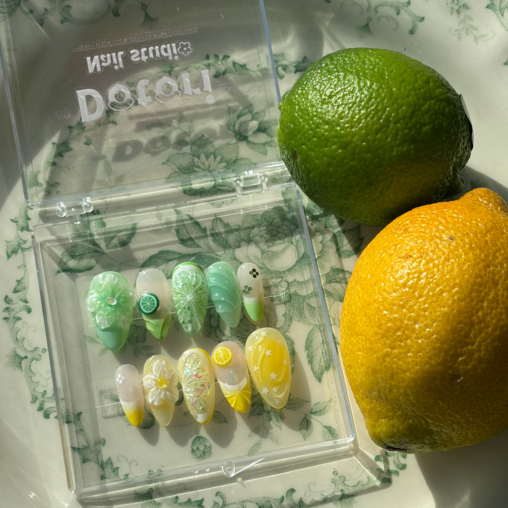 Citrus Nail Art, Lemon and Lime Nails, Mismatched Summer Nails, Fruit Manicure, 3D Fruit Nail Art.