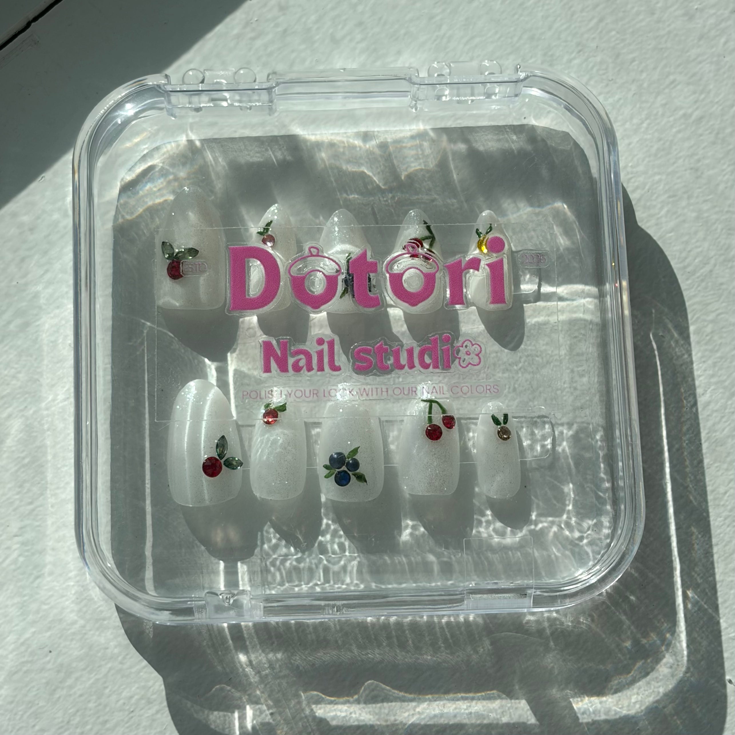 Swarovski Crystal Nails, Fruit Press-On Nails, Cherry and Blueberry Nails, Minimalist Fruit Nail Art, White Glitter Press-Ons.