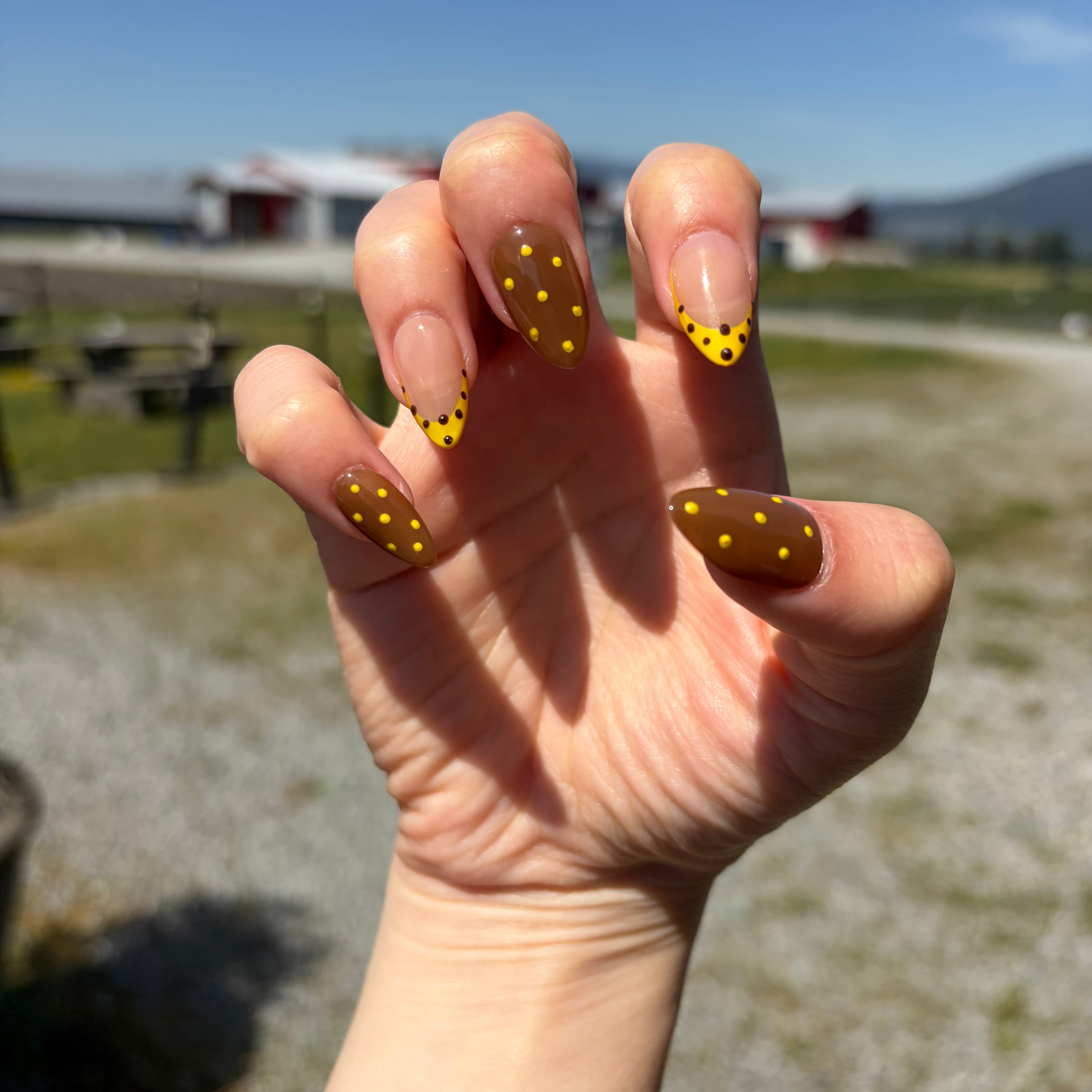 Handmade press-on nails in brilliant yellow and espresso brown with mismatched polka dot designs.