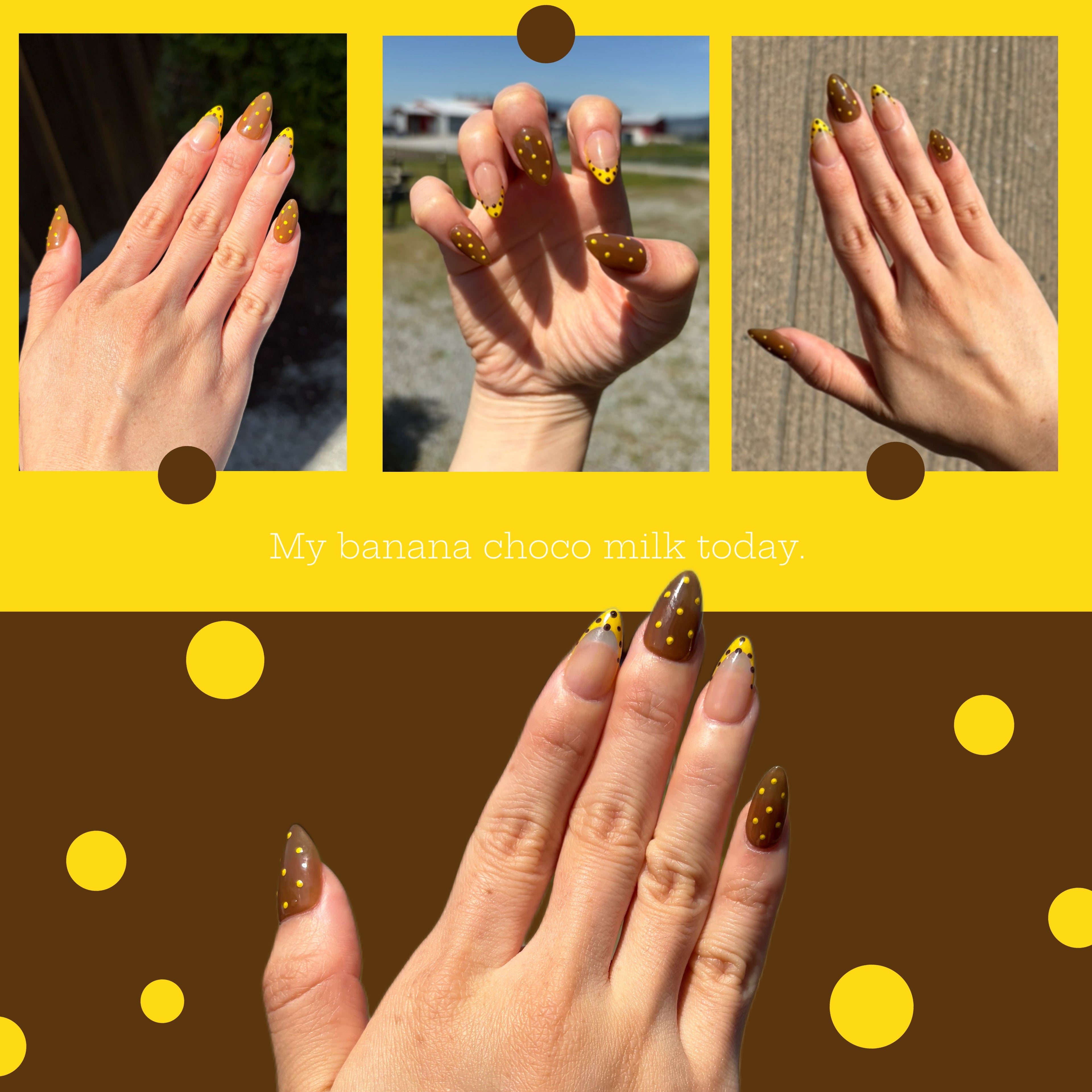 Brown and Yellow Press-On Nails, Rhode Inspired Nail Art, Minimalist Polka Dot Nails, Everyday Trend Collection, Mismatched Gel Nails.