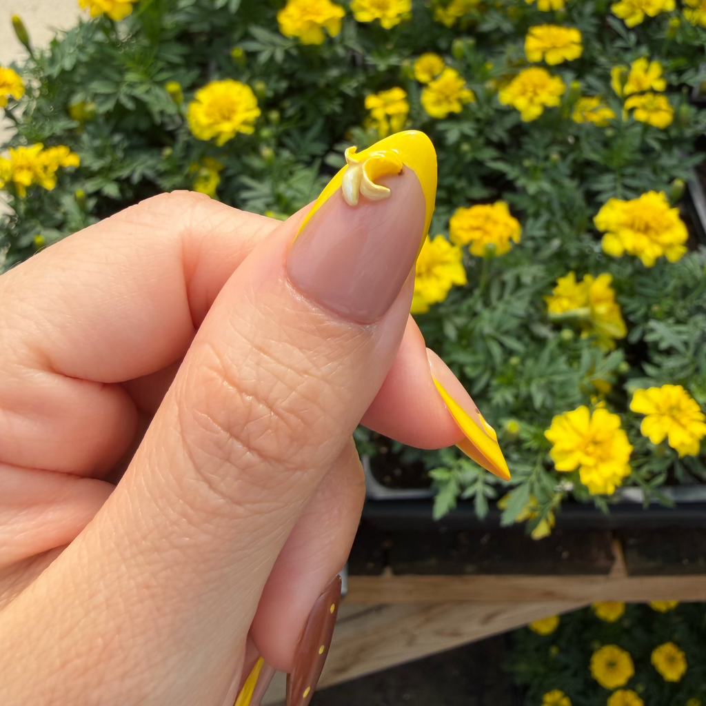 Close-up of the highly detailed 3D sculpted banana charm positioned on a brilliant yellow French tip.