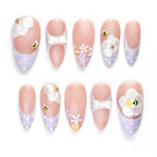 Lavender Press-On Nails, 3D Honeybee Nails, Bow Nail Art, Purple Flower Nails, Lace French Tip Nails.