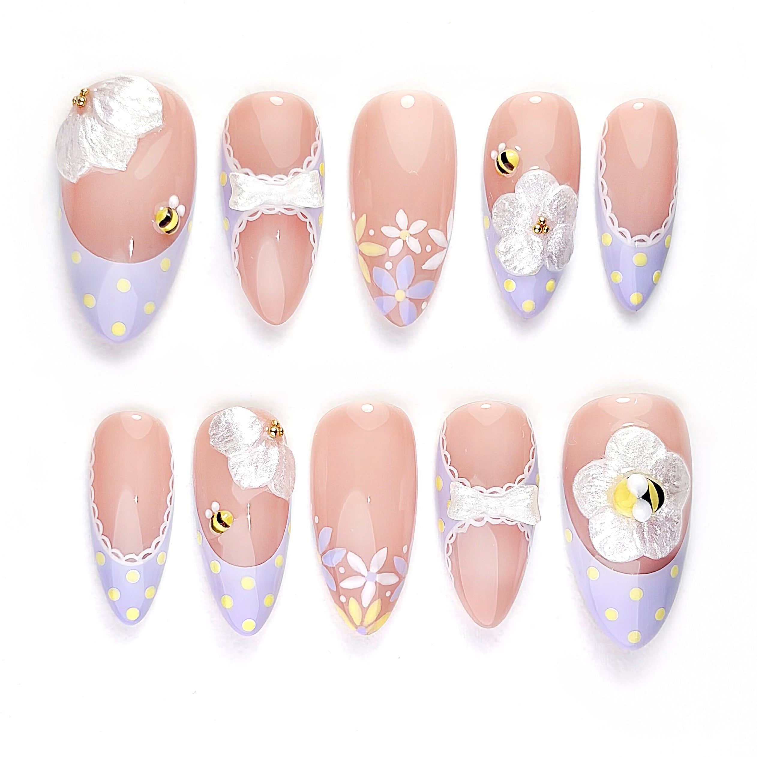 Lavender Press-On Nails, 3D Honeybee Nails, Bow Nail Art, Purple Flower Nails, Lace French Tip Nails.