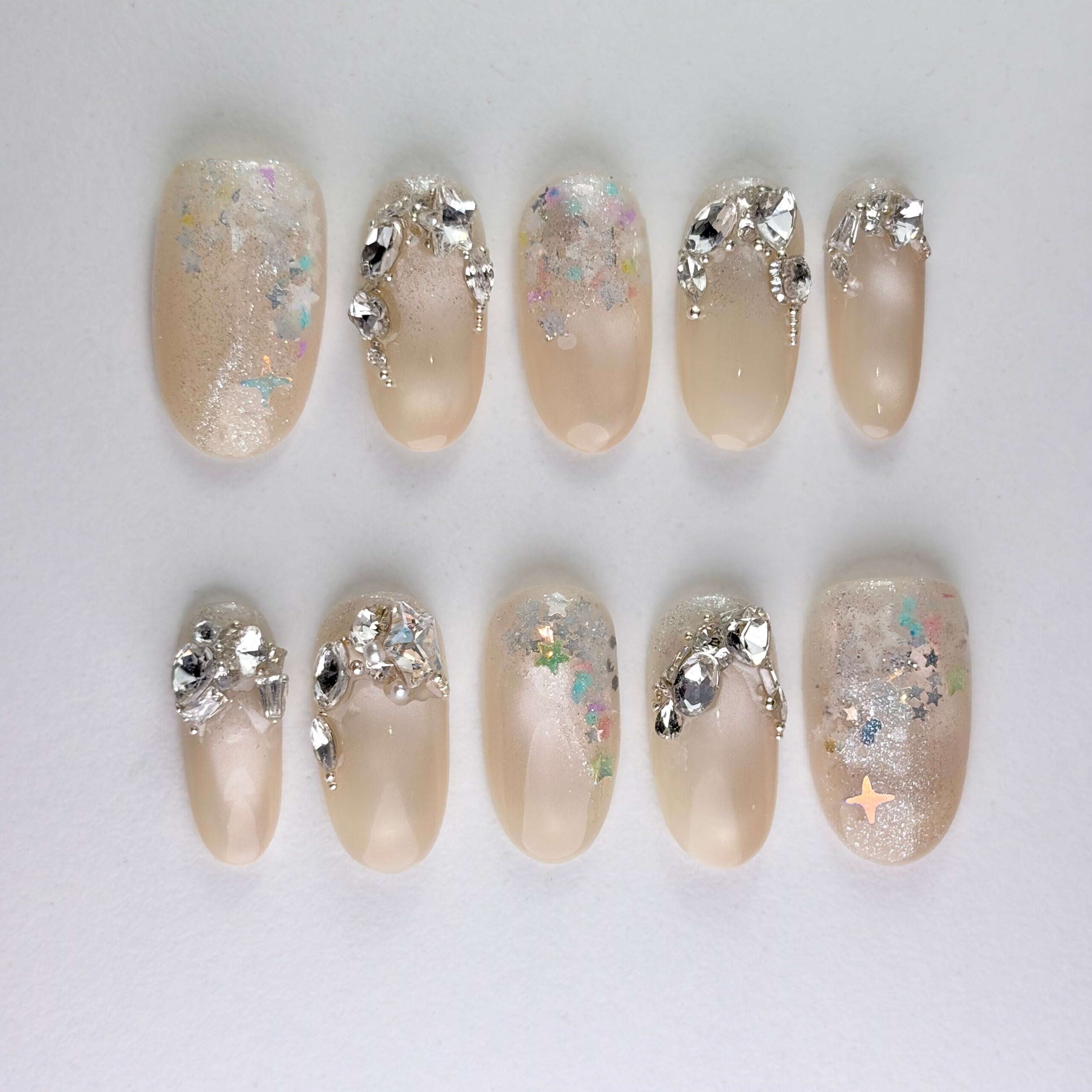 Swarovski Press-On Nails, Galaxy Nail Art, Star Glitter Nails, Crystal Bling Set, Iridescent Rhinestone Nails.