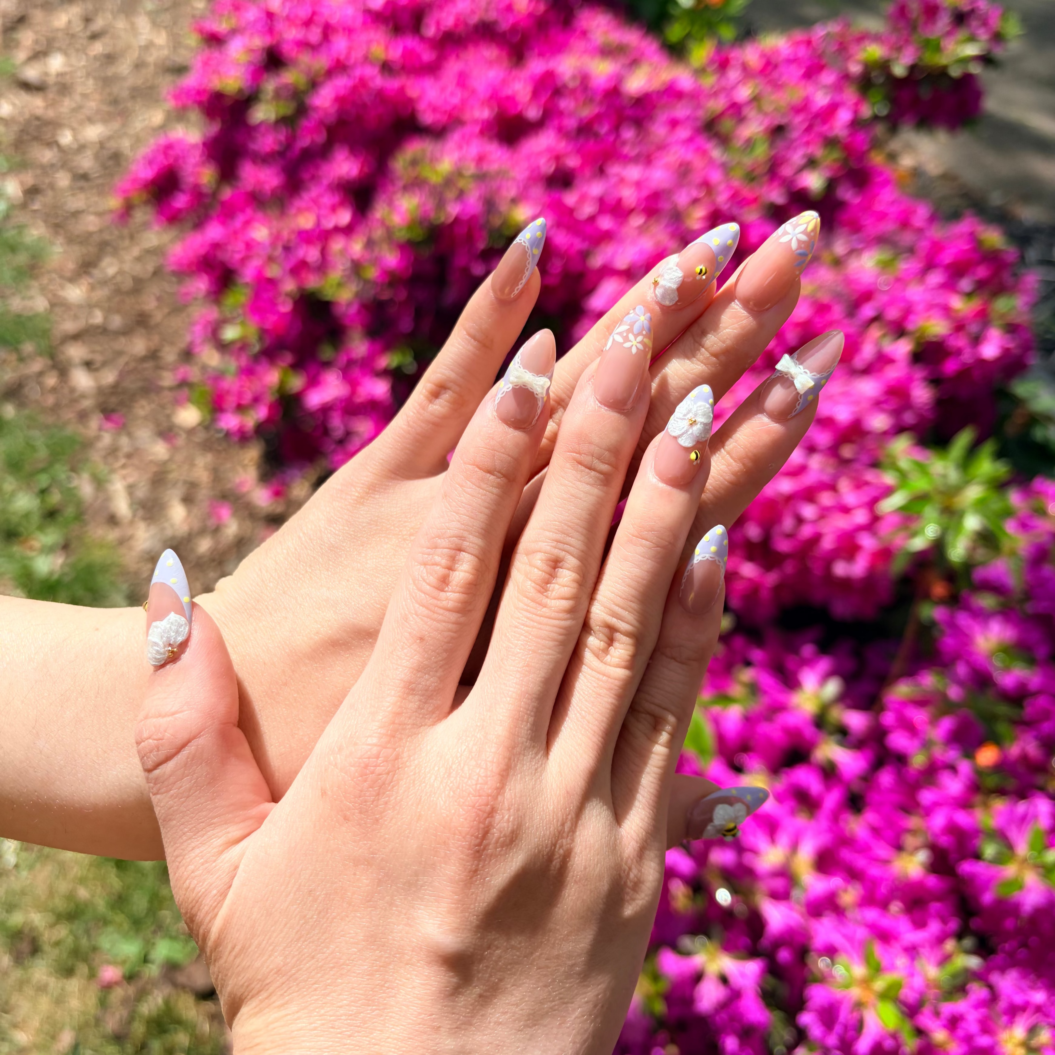 Lavender Press-On Nails, 3D Honeybee Nails, Bow Nail Art, Purple Flower Nails, Lace French Tip Nails.