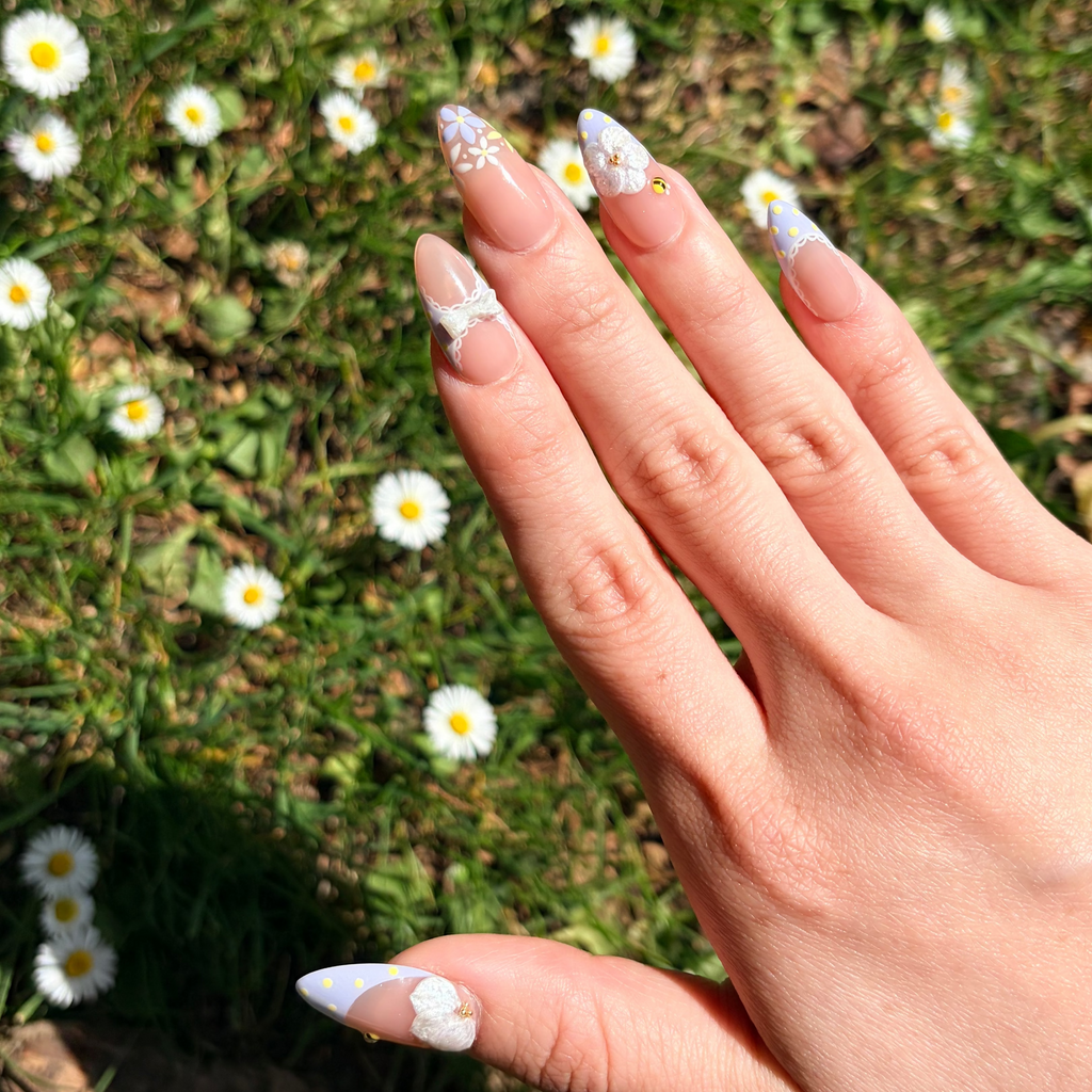 Soft Girl Aesthetic, Coquette Nails, Lavender Meadow, 3D Floral Manicure, Girly Summer Nails, Bloom & Glory Collection.