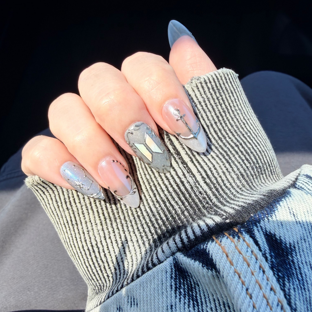Custom BTS themed nails, reusable K-pop press-ons, handmade luxury whale nails, silver nautical gel nails.