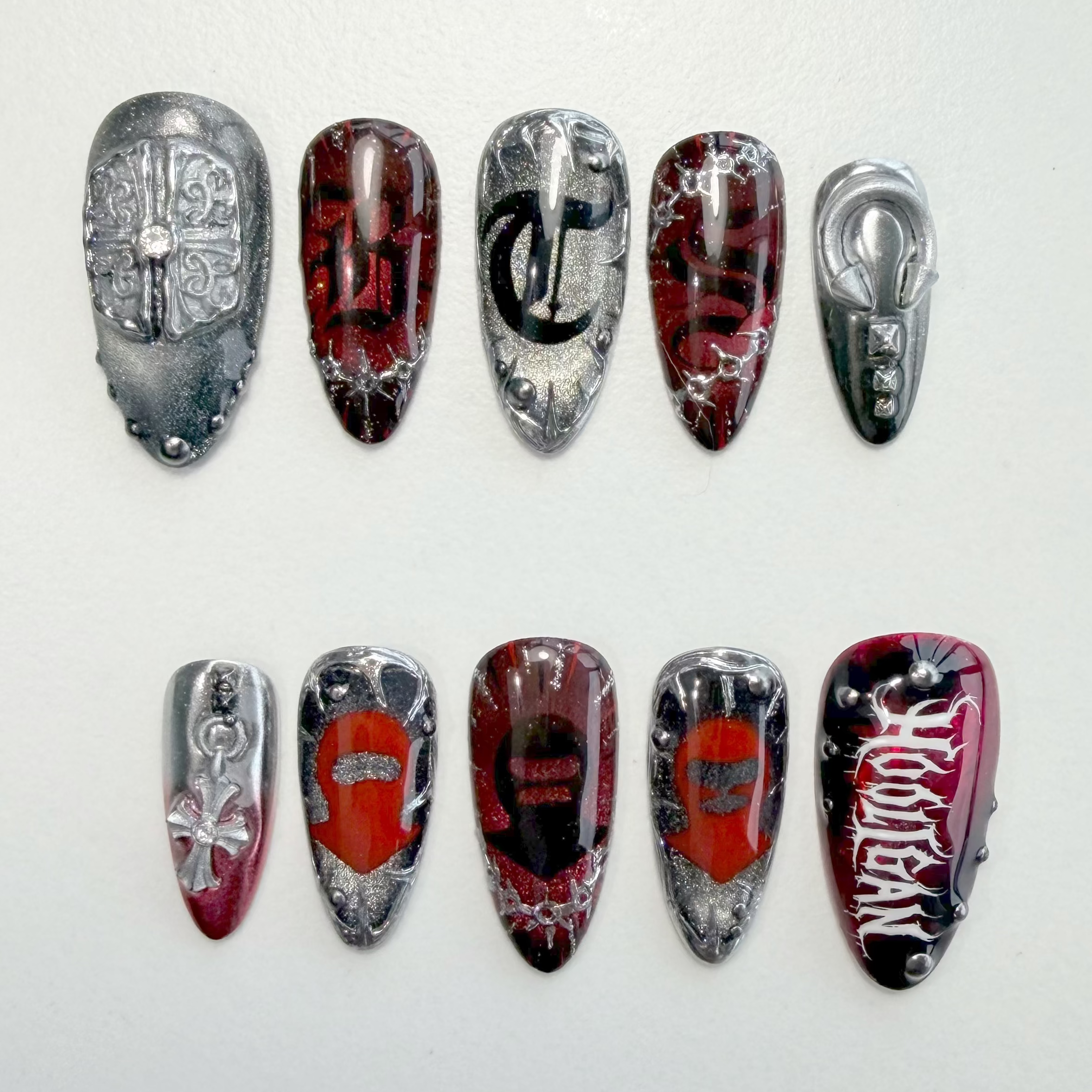 BTS Comeback Press-On Nails, Gothic Chrome Nail Art, Red and Black Aura Nails, Heavy Metal Manicure, Silver Cross Press-Ons.