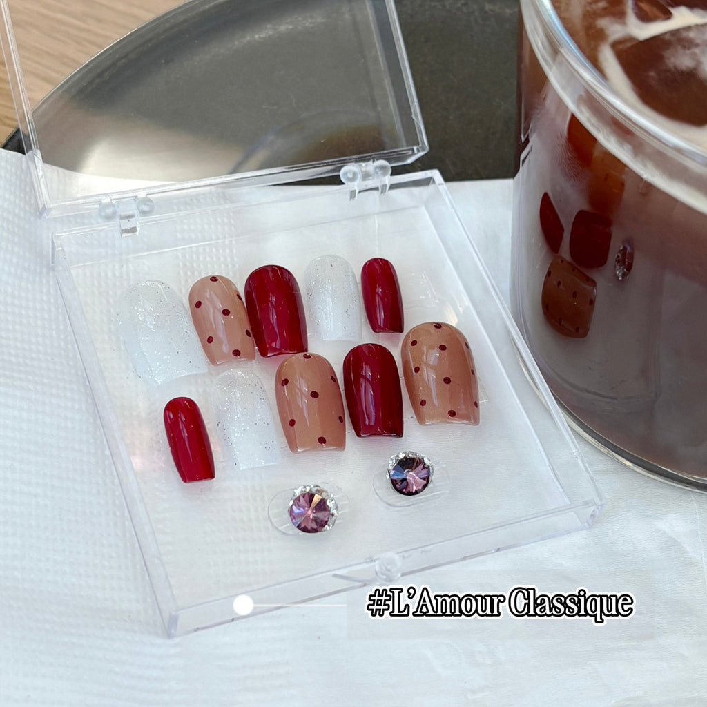 Set of red and brown press-on nails with a purple Swarovski gemstone. Classic burgundy wine red
Polka Dots Romantic 