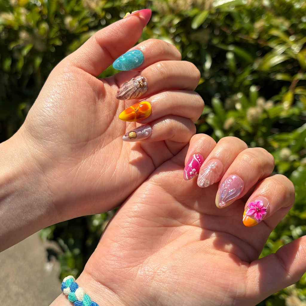real person wearing Reusable Vacation Nails, Custom Summer Press-Ons, Handmade 3D Gel Nails, Luxury Beach Nail Art.