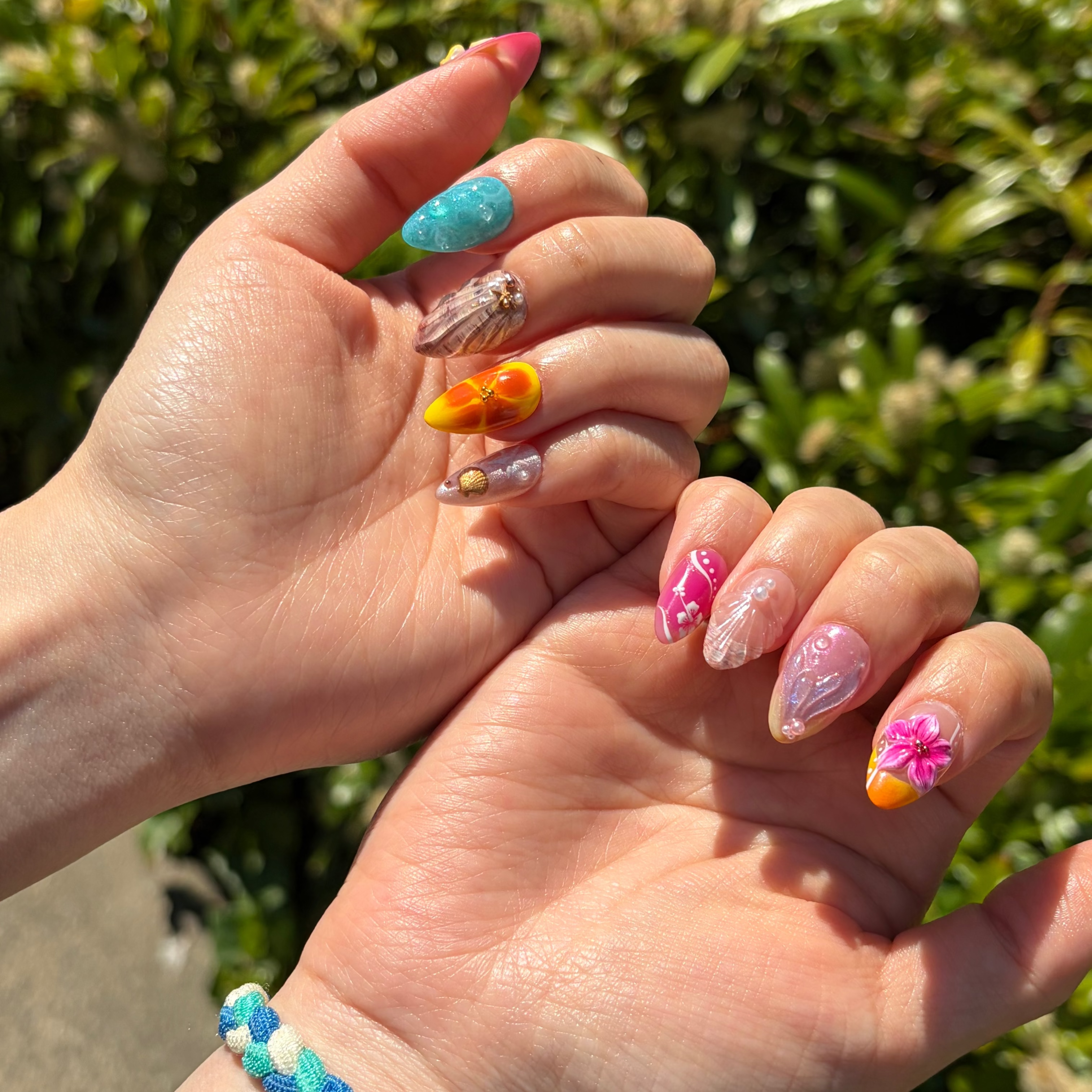 real person wearing Reusable Vacation Nails, Custom Summer Press-Ons, Handmade 3D Gel Nails, Luxury Beach Nail Art.