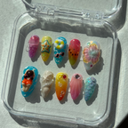 Reusable beach press-on nails, handmade 3D ocean nails, unique sea-themed nail art, ocean swim manicure.