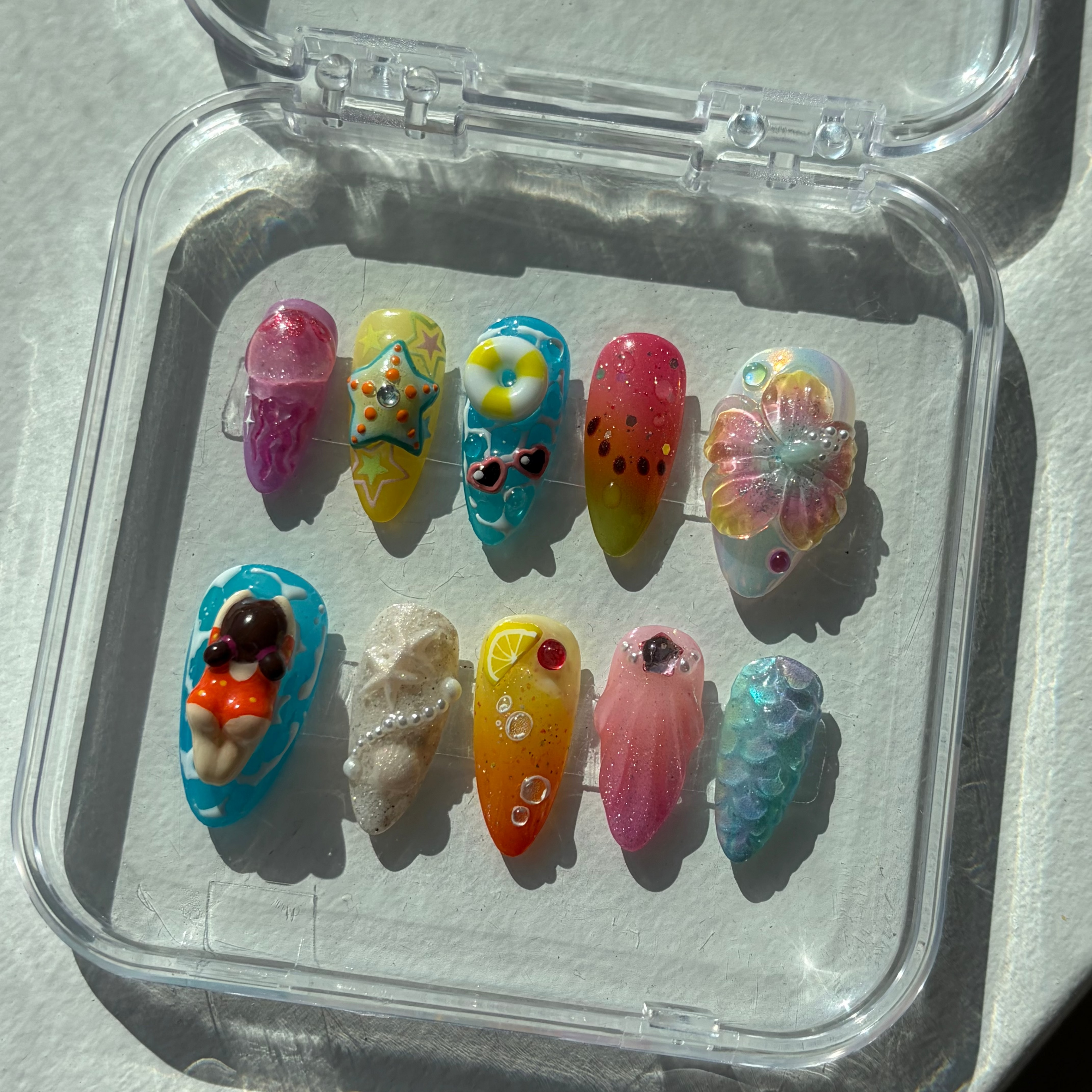 Reusable beach press-on nails, handmade 3D ocean nails, unique sea-themed nail art, ocean swim manicure.