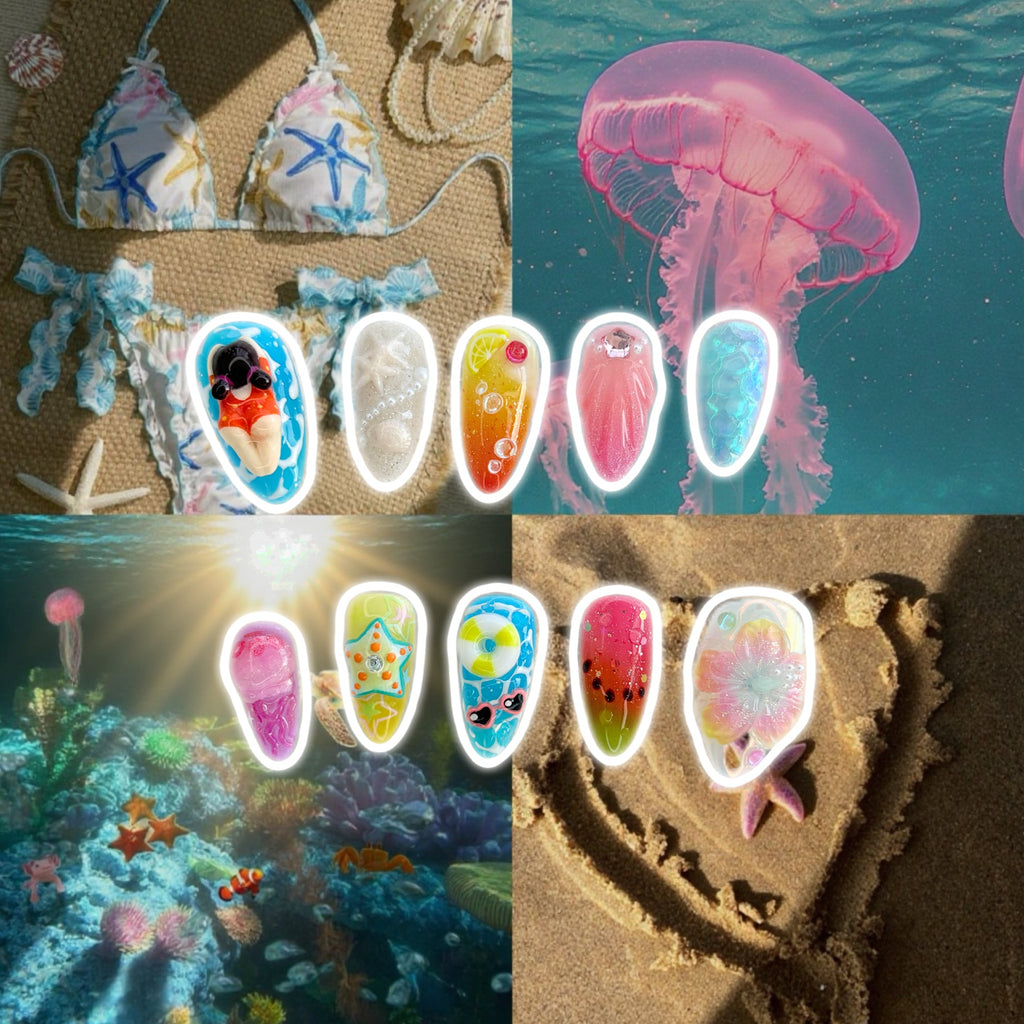 Sea Swimming Press-On Nails, Ocean Dip Nail Art, 3D Beach Nails, Maximalist Summer Nails, Whimsical Ocean Manicure.