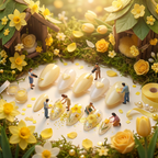 Creative diorama with miniature figures "polishing" the silver chrome tips on a soft yellow floral nail set.
