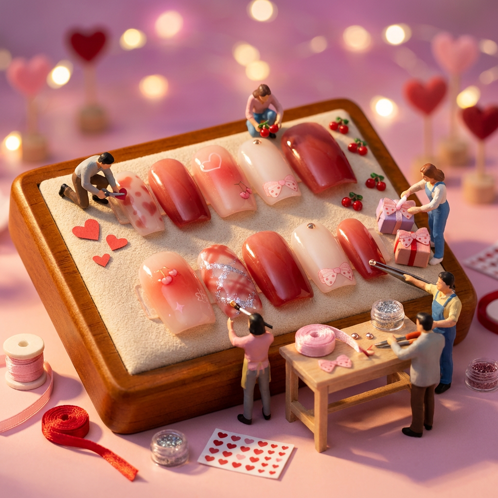 Artistic micro diorama featuring miniature figures "crafting" the Love in the Air pink gradient nail set with tiny bows and cherries.