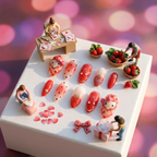 AR 1:1 Micro diorama: tiny people preparing for this spring butter yellow nail design. Strawberry, vibrant red and cherry pink with Hello Kitty