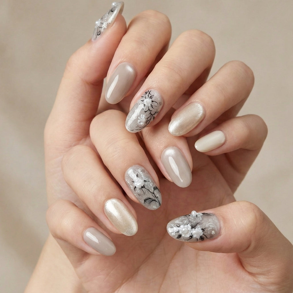 Veil Bloom nails styled with a pearl ring and a soft white fabric, highlighting a romantic bridal aesthetic.