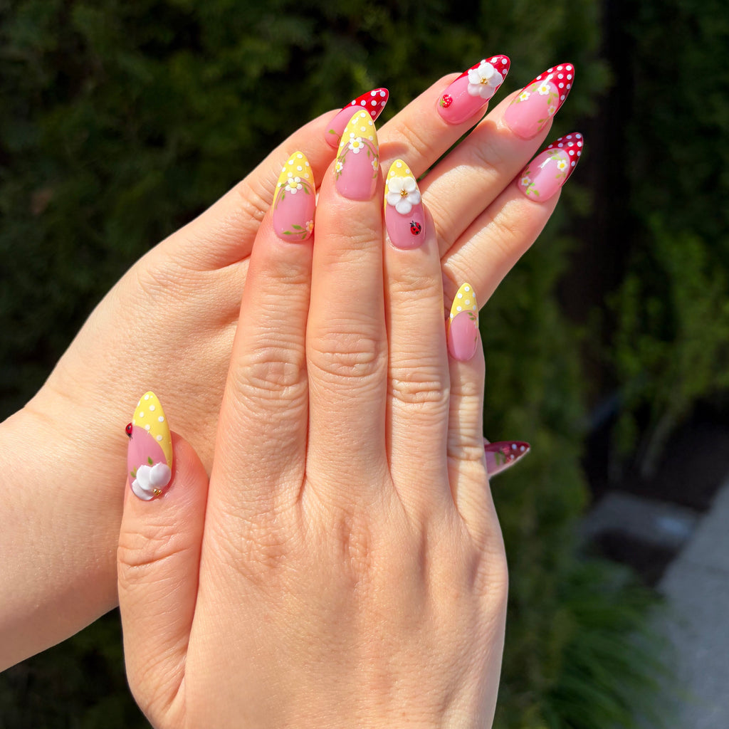 Vibrant Garden Nails, 3D Flower, ladybugs and hand drawn strawberries Press-On Nails, Spring Summer Nail Art, Red and Yellow Polka Dot Nails